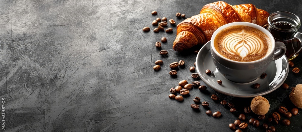 Poster Cup of coffee with french croissant. with copy space image. Place for adding text or design