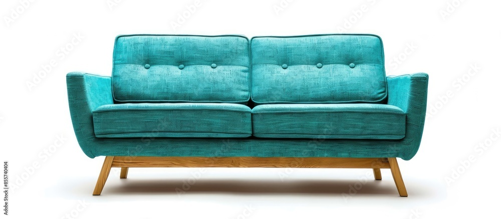 Poster Turquoise fabric sofa on light wooden base isolated on white background. Series of furniture. with copy space image. Place for adding text or design