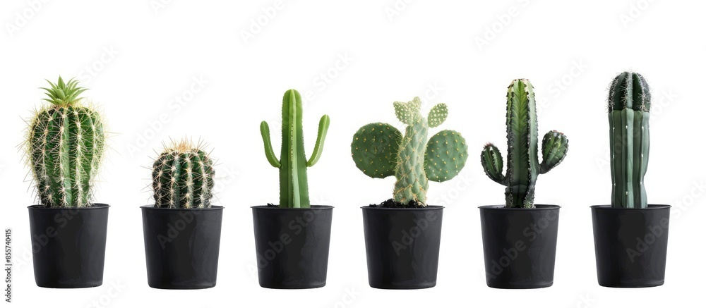 Poster collection of various cactus in black pots. with copy space image. place for adding text or design