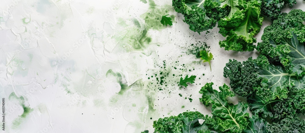 Leinwandbilder creative layout made of green kale with watercolor spots on the white background. flat lay. food con