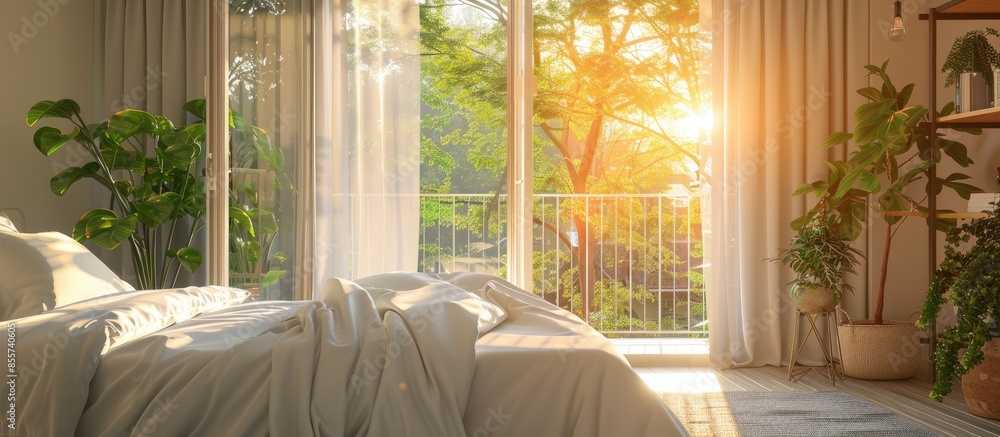Poster Bedroom with balcony and bright light from large window. with copy space image. Place for adding text or design