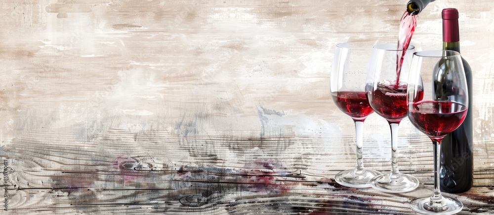 Poster pouring red wine into glasses on old wood pastel background. with copy space image. place for adding