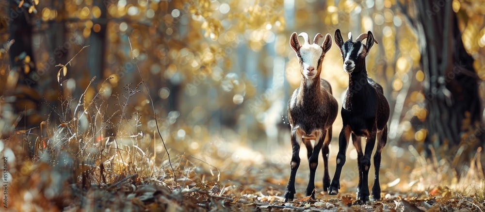 Aufkleber A pair of Nubian goats in the forest against the background of a herd while walking. Raising goats on a home farm. Copy space image. Place for adding text or design