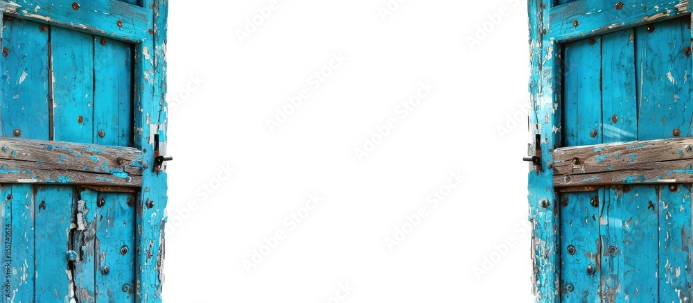 Poster vintage blue wooden door frame isolated on a white background. with copy space image. place for addi