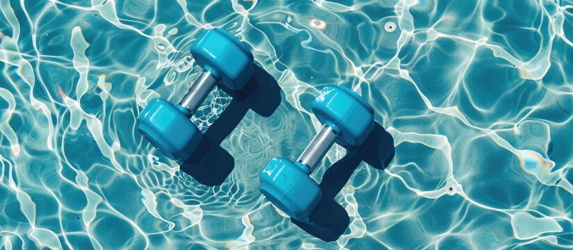 A swimming pool on summer day outdoors. Top view of plastic dumbbells for aqua fitness. Sportive equipment for aqua aerobics. Copy space image. Place for adding text or design