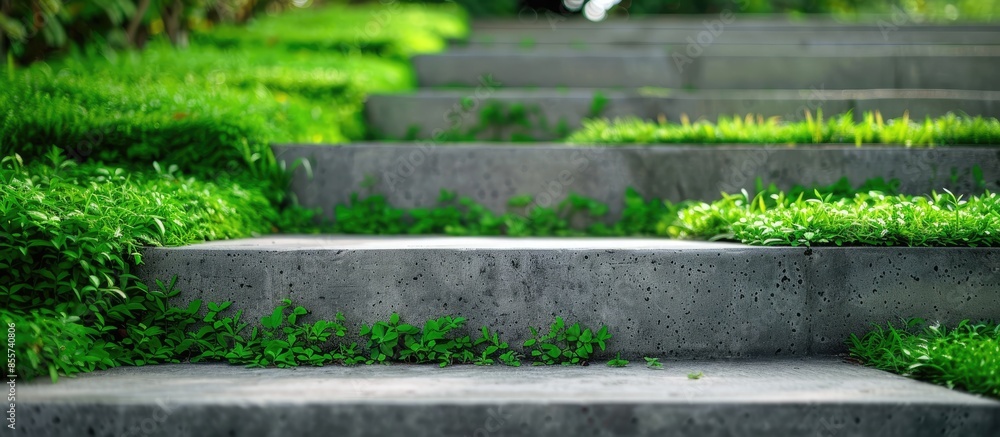 Poster Steps of a concrete staircase in a park with green grass on the wall and floor. with copy space image. Place for adding text or design