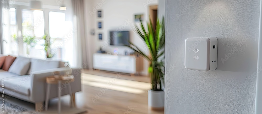 Poster Close Up Object Shot of a Modern Movement Detector Unit on a White Wall in a Cozy Apartment in the Background. with copy space image. Place for adding text or design