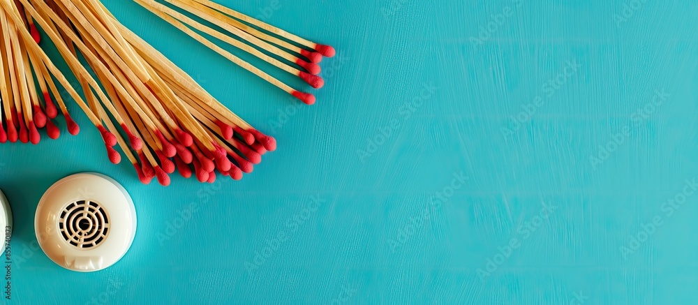 Poster a pile of matches and a fire detector on a blue background. fire safety concept. with copy space ima