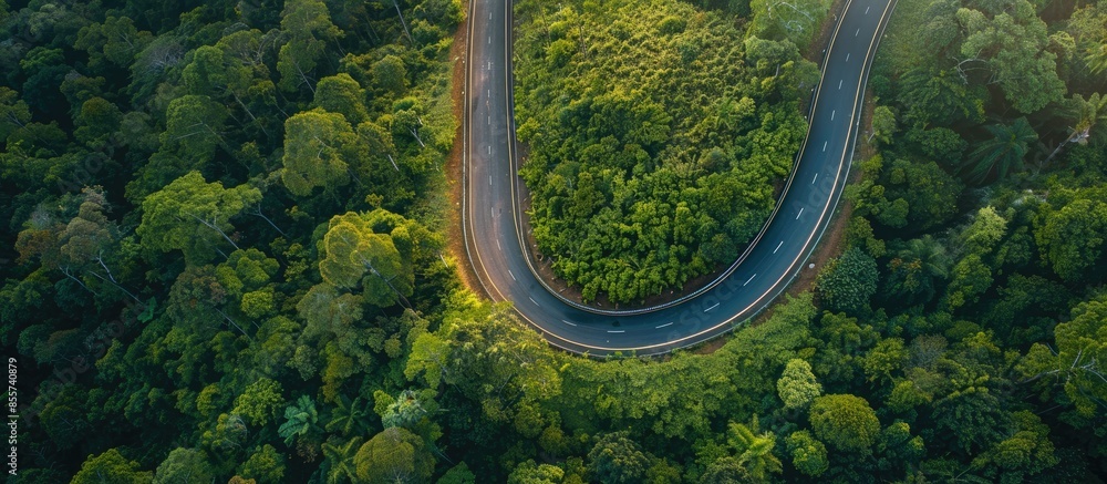 Poster Aerial view of a road in the middle of the forest , road curve construction up to mountain. Copy space image. Place for adding text or design
