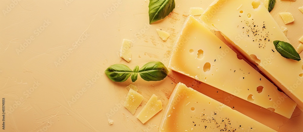 Poster tasty italian cheese, isolated on pastel background. with copy space image. place for adding text or