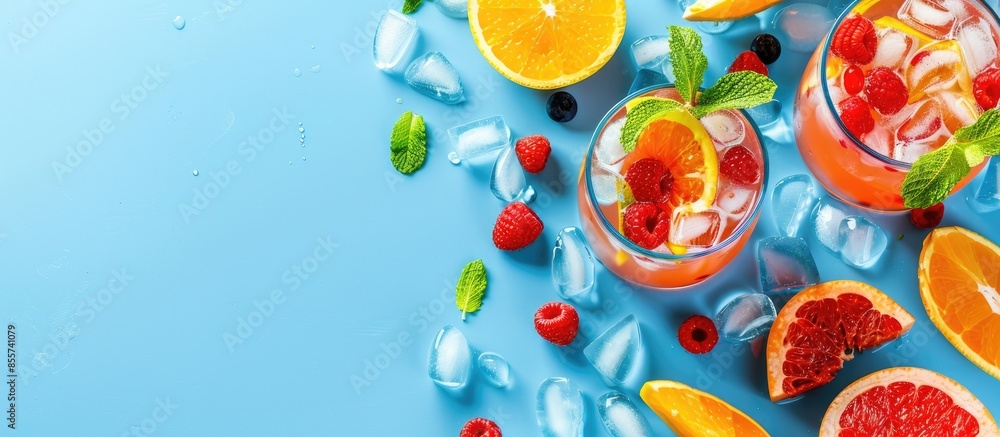 Fototapete Tropical fruit summer coctail with red grapefruit, berries and ice on blue background. Minimal cold drink layout. with copy space image. Place for adding text or design