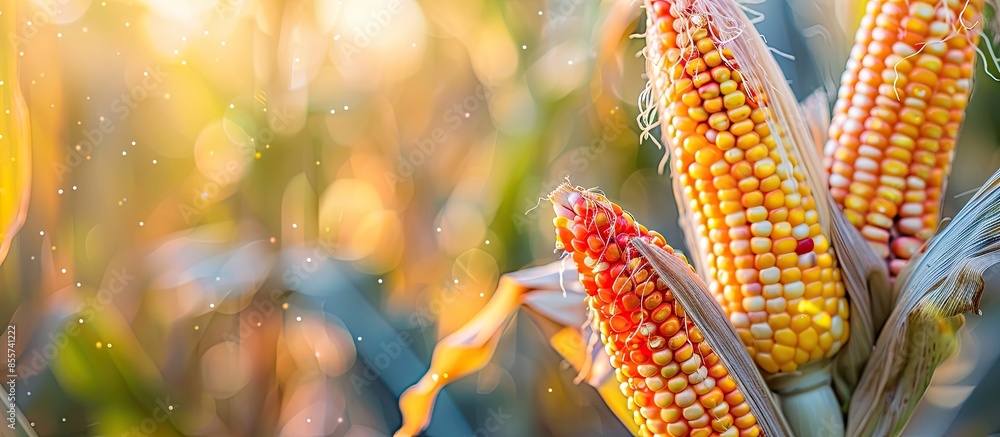Poster a selective focus picture of corn cob in organic corn field. with copy space image. place for adding