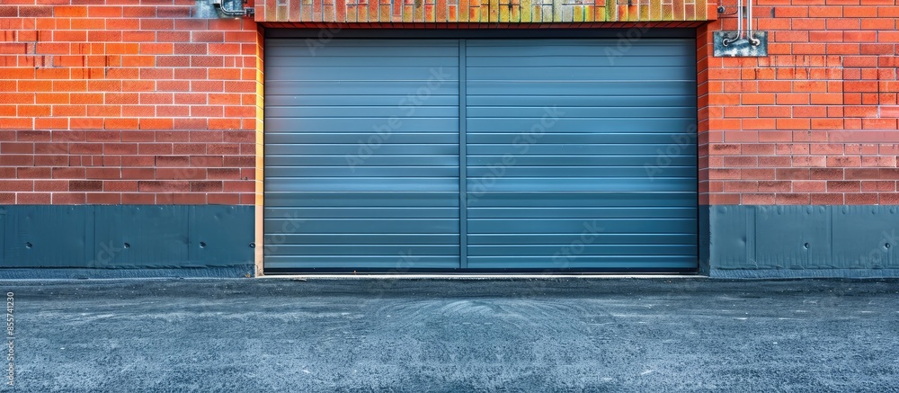 Poster Large garage door with brick wall and asphalt driveway. with copy space image. Place for adding text or design