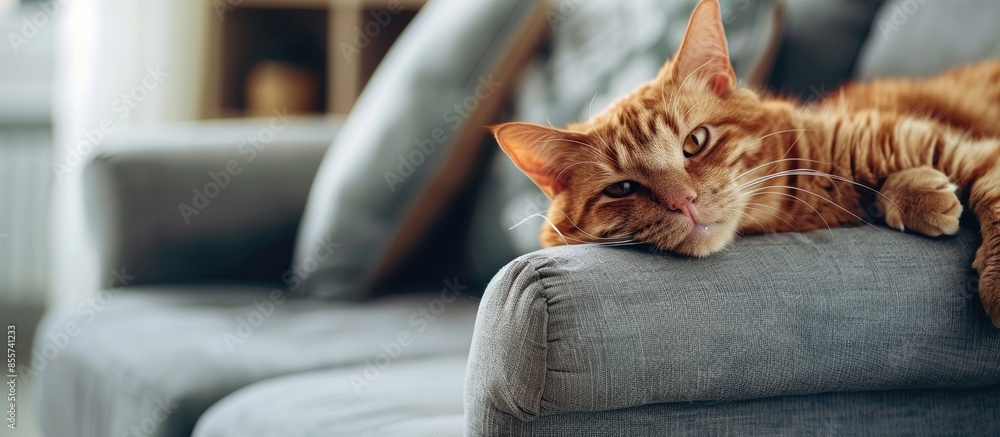 Poster cute red cat lying on grey armchair in living room. copy space image. place for adding text or desig