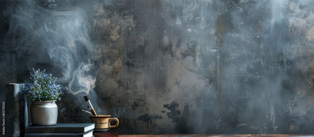 Poster Desk of free space and wall background with smoke. . with copy space image. Place for adding text or design