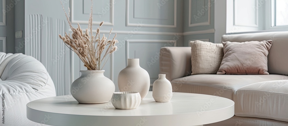 Poster part of large cozy and light living-room with white round table with handmade vases, comfortable sof