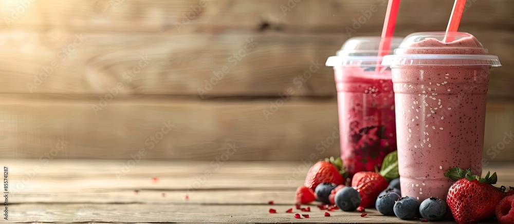 Poster sweet smoothie in plastic cups on wooden table. copy space image. place for adding text or design