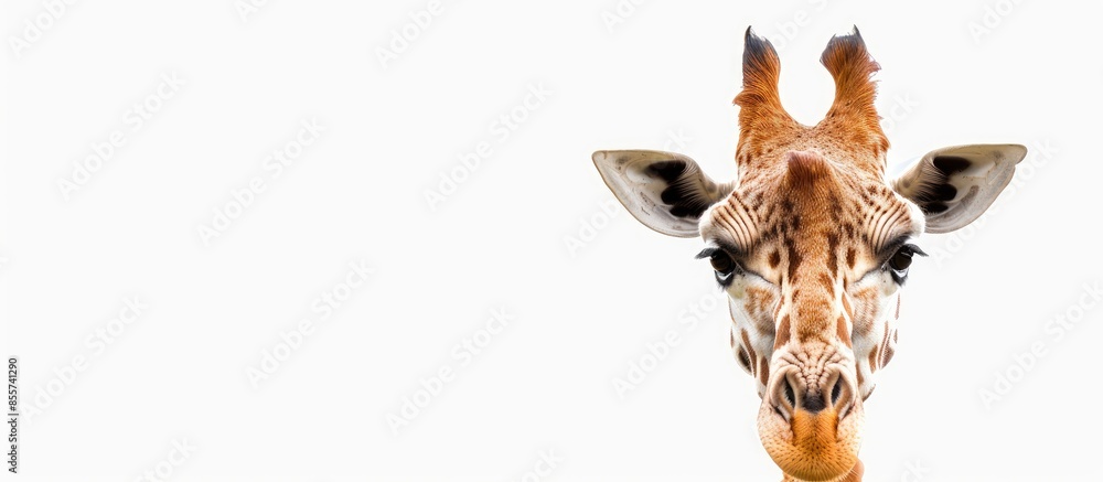 Poster Giraffe face head hanging upside down. Curious gute giraffe peeks from above. Isolated on white background. with copy space image. Place for adding text or design