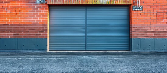 Large garage door with brick wall and asphalt driveway. with copy space image. Place for adding text or design
