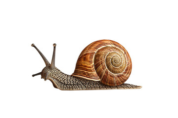 A realistic snail with a detailed shell, isolated on a transparent background, perfect for nature-themed designs, educational graphics, and wildlife illustrations.

