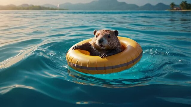 Cute beaver swims in an inflatable ring at sea