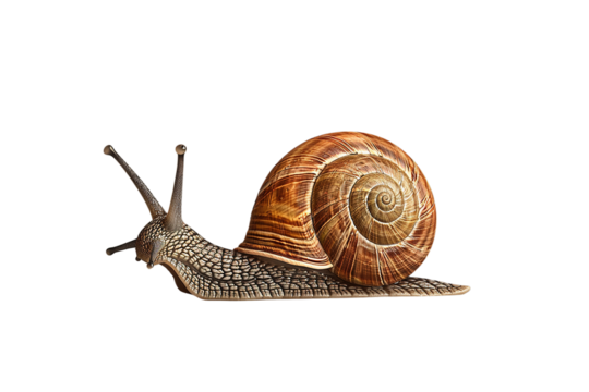 A realistic snail with a detailed shell, isolated on a transparent background, perfect for nature-themed designs, educational graphics, and wildlife illustrations.

