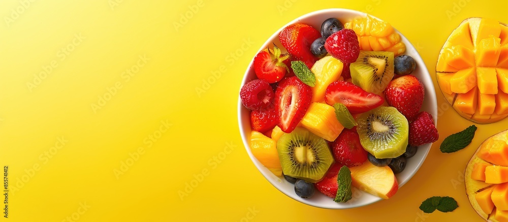 Leinwandbilder Delicious exotic fruit salad on yellow background, top view. Space for text. Copy space image. Place for adding text or design
