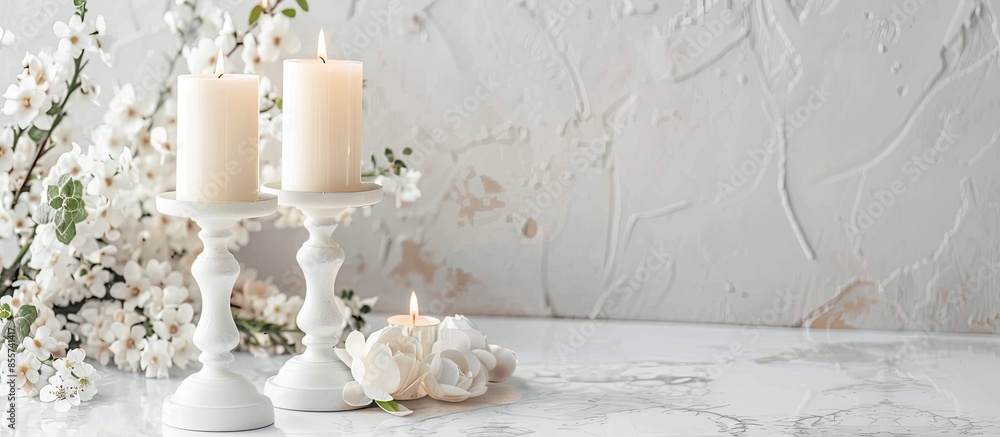 Aufkleber elegant candlesticks with burning candles and flower on white table. with copy space image. place fo