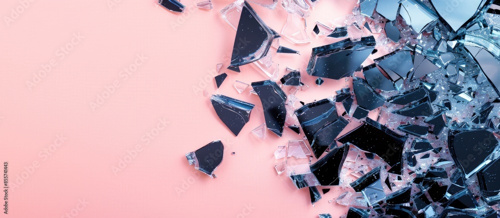 Aufkleber shattered or smashed pieces of black glass isolated on pastel background. with copy space image. pla