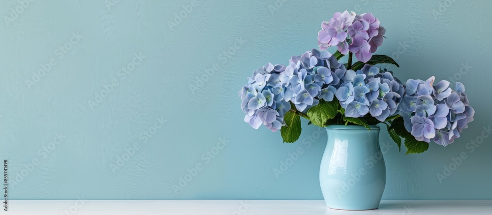 Poster beautiful hortensia flowers in can on stand indoors. with copy space image. place for adding text or