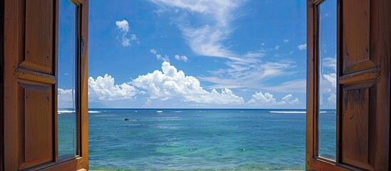 View of the ocean through a window in Hawaii. with copy space image. Place for adding text or design