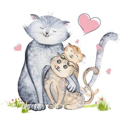 Watercolor illustration of a set with a mother cat and cute cats of different colors, with hearts and grass bushes, watercolor illustration of cats for textile design, postcards.