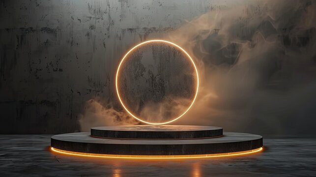 empty podium stage with glowing circular backdrop and misty atmosphere ideal for atmospheric presentations and dramatic