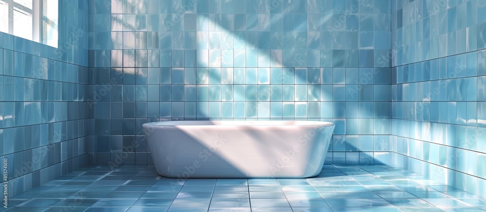 Poster tiled bathroom interior with bath tub. with copy space image. place for adding text or design