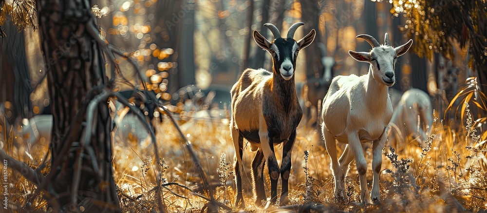 Poster A pair of Nubian goats in the forest against the background of a herd while walking. Raising goats on a home farm. Copy space image. Place for adding text or design