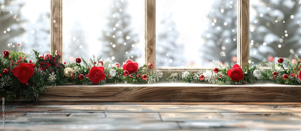 Fototapete Wooden window sill of free space and xmas time.Christmas time in home and free space for your decoration. . with copy space image. Place for adding text or design