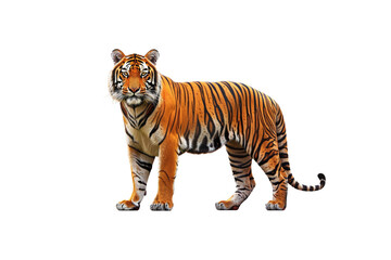 Obraz premium A majestic tiger standing with a powerful posture, isolated on a transparent background, perfect for wildlife-themed designs, educational graphics, and animal illustrations.