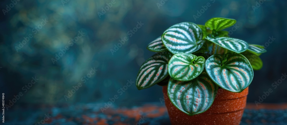 Poster close-up on a glossy leaf of watermelon peperomia (peperomia argyreia) plantlet with attractive stri