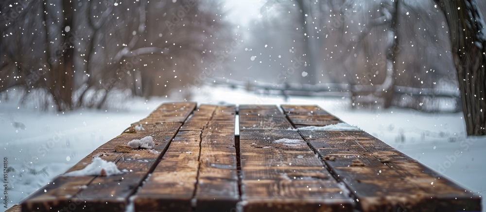 Aufkleber A huge wooden table outside in the snow. with copy space image. Place for adding text or design