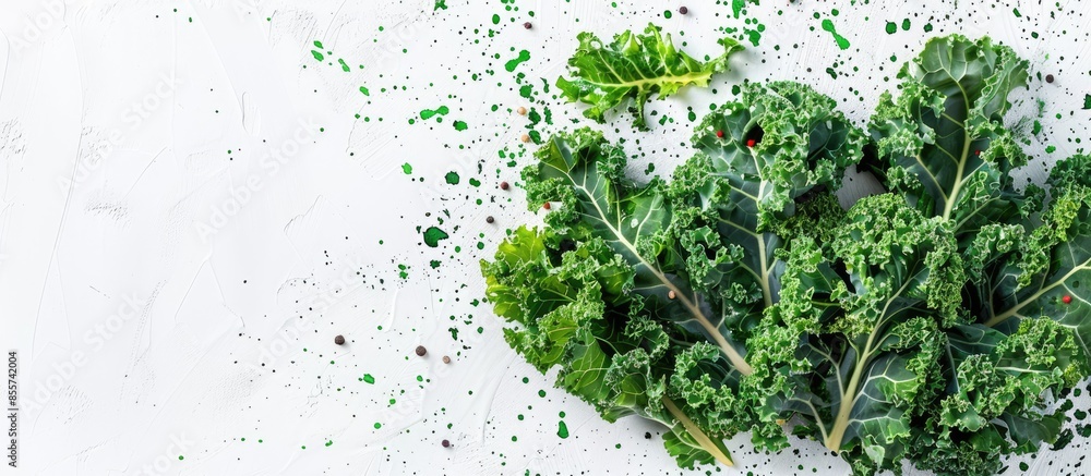 Leinwandbilder creative layout made of green kale with watercolor spots on the white background. flat lay. food con