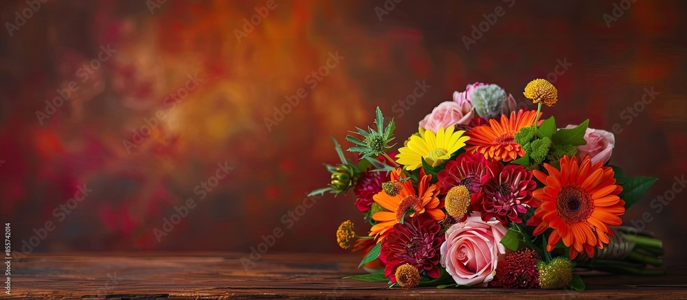 Fototapete bouquet of bright flowers on the brown table. with copy space image. place for adding text or design