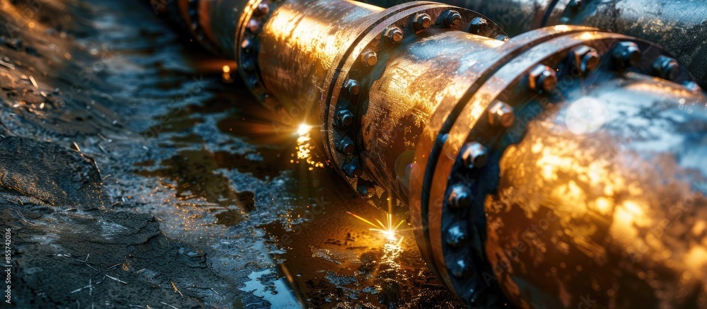 Poster Pipe welding on the pipeline construction. Copy space image. Place for adding text or design