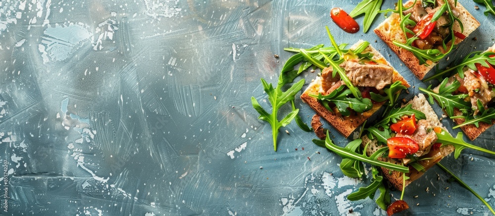 Fototapete appetizer of veal with arugula and toasted isolated on pastel background. with copy space image. Place for adding text or design