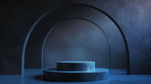 Dark blue stage with minimalist arches, ideal for modern presentations, performances, and artistic showcases