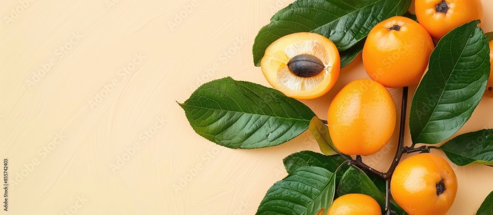Aufkleber Loquat fruit cut halfandhalf with a stone and whole with leaves isolated on a pastel background. with copy space image. Place for adding text or design