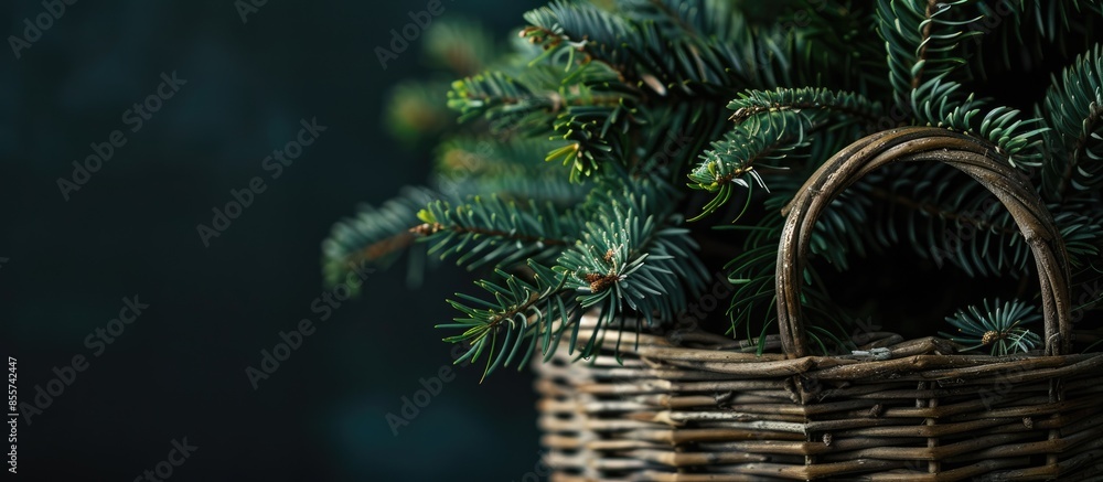 Aufkleber In wicker basket, branch of christmas tree with garland in against of black background. with copy space image. Place for adding text or design