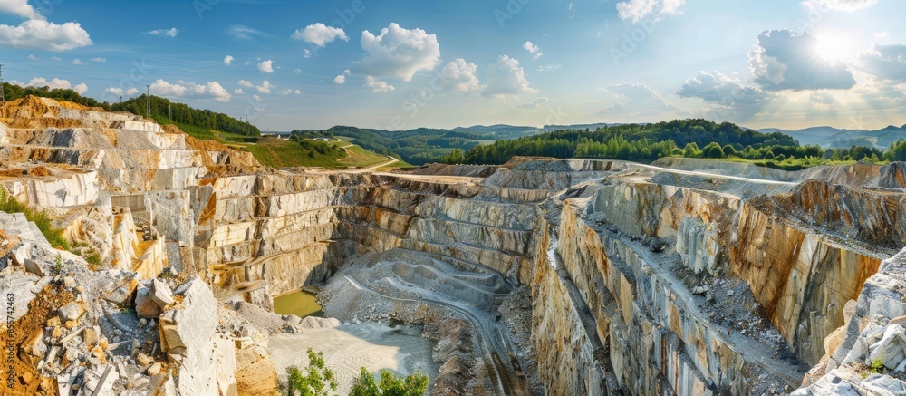 Poster limestone quarry for cement factory, limestone mining. copy space image. place for adding text or de