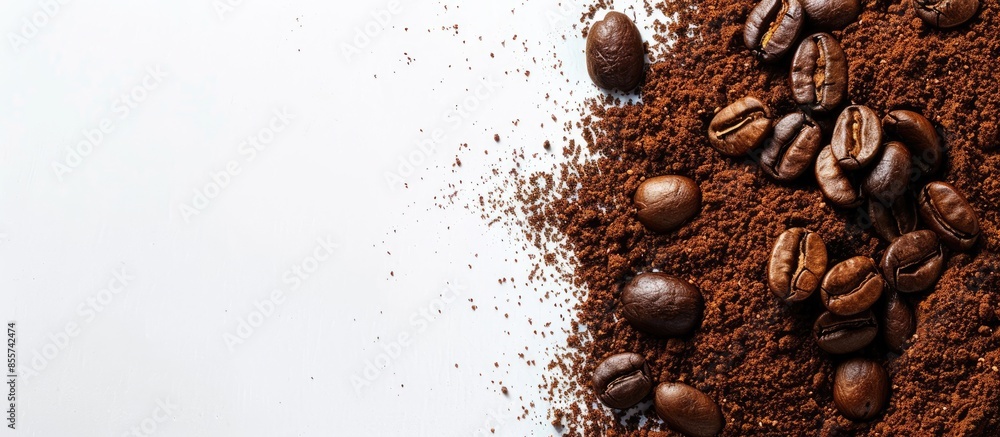 Leinwandbilder flat lay of ground coffee with coffee beans isolated on white background. copy space image. place fo