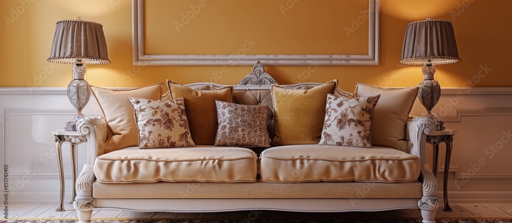 Poster furniture design. interior. sofa with pillows, lamps, table. with copy space image. place for adding