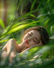 Fototapeta premium Serene Woman Sleeping in Lush Green Tropical Jungle Background with Sunlight Filtering Through Leaves Soothing and Peaceful Nature Photography